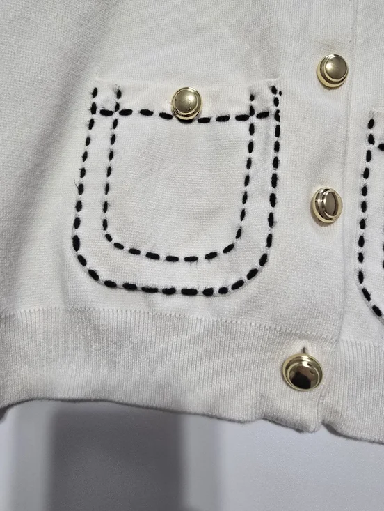 English Factory Stitch Detail Puff Sleeve Cardigan Crew Neck Long Sleeve Size L - Picture 4 of 13